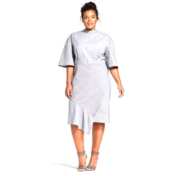 Who What Wear Plaid Micro Houndstooth Asymmetrical Flare Sleeve Dress Size XL - Picture 1 of 10